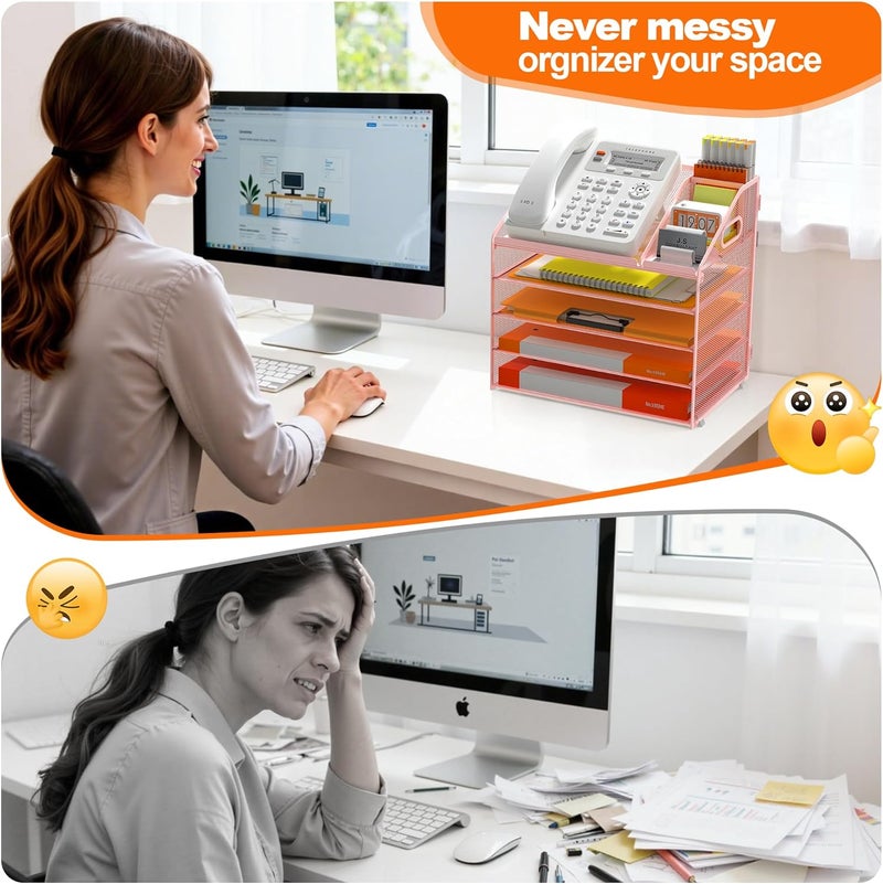Docnest 5 Tier Metal Mesh Letter Tray - Space Saving Desk File Organizer with Handle, Pen Holder & Folder Holder - Desktop Document Sorter for Office, Home, School, Classroom - Pink - Image 3